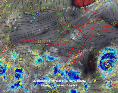 Esta formación de viento entre el sur de Cuba y La Española podría debilitar los vientos del huracán Beryl antes de llegar a México (X/@ClimaYucatan)