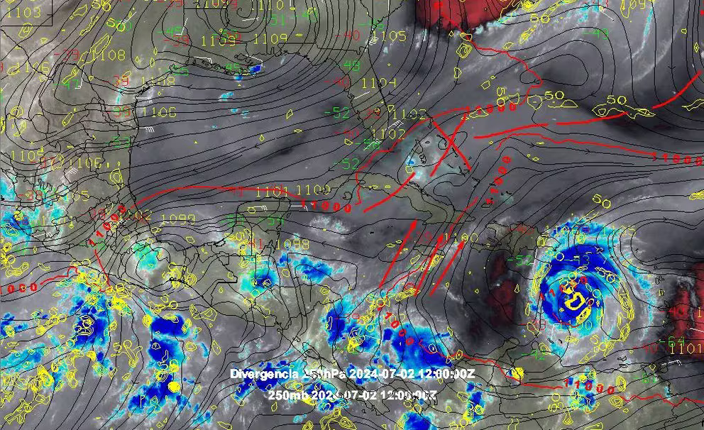 Esta formación de viento entre el sur de Cuba y La Española podría debilitar los vientos del huracán Beryl antes de llegar a México (X/@ClimaYucatan)